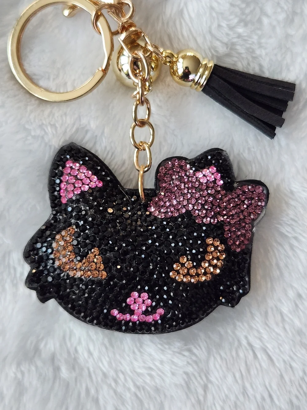 Sparkly Black Cat Keychain with Pink Bow Rhinestone Bag Charm - Picture 2 of 3